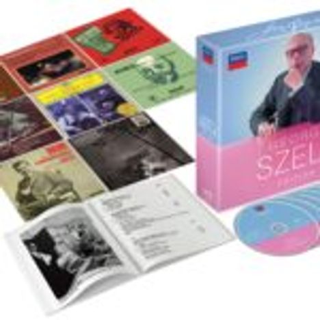 Buch mit Trackliste und mehrere CD-Cover. Rechts ein CD-Boxset, daneben zwei CDs in Blau und Pink.