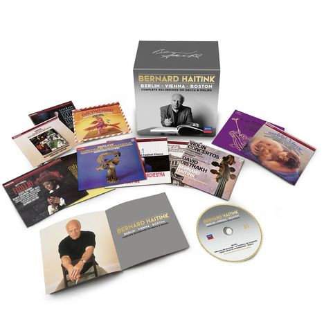 Verschiedene CD-Hüllen und ein geöffneter Schuber mit "BERNARD HAITINK BERLIN • VIENNA • BOSTON" in grauer Gestaltung.