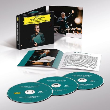 Drei CDs mit der Aufschrift "BOHUSLAV MARTINŮ, The Symphonies, Bamberger Symphoniker, Jakub Hrůša" neben einem Booklet.