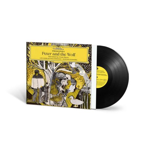 Text: "Peter and the Wolf". Illustration mit Waldszene, Figuren und einem Wolf. Eine schwarze Schallplatte ist sichtbar.