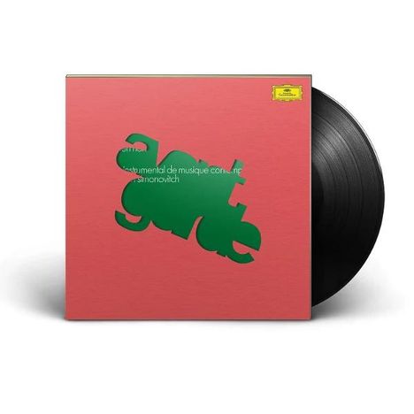 "cm001 instrumental de musique concrète par Simonovich" in Grün auf rosa Hintergrund. Schwarze Schallplatte rechts.