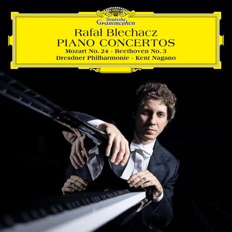 "Rafał Blechacz PIANO CONCERTOS, Mozart No. 24, Beethoven No. 3, Dresdner Philharmonie, Kent Nagano". Pianist an einem Flügel.