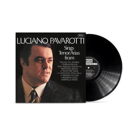 Schallplattenhülle mit Text: Luciano Pavarotti singt Tenorarien. Porträt eines Mannes im Anzug. Links Hülle, rechts Platte.