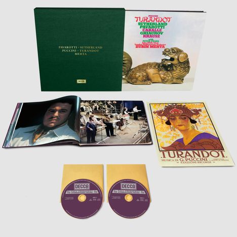 „Turandot“, dargestellt durch eine Sammlung mit Pavarotti und Sutherland, enthält CDs und ein Begleitheft.