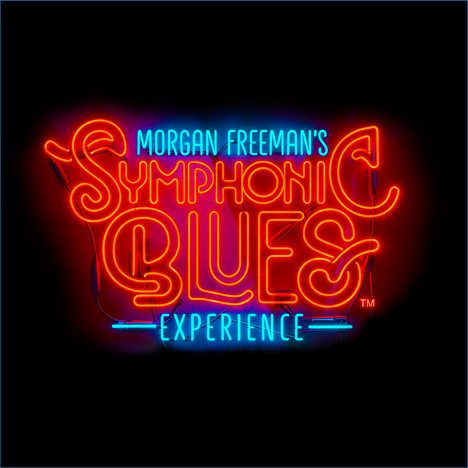 "Morgan Freeman's Symphonic Blues Experience" in leuchtenden Neonfarben, rot und blau, auf schwarzem Hintergrund.