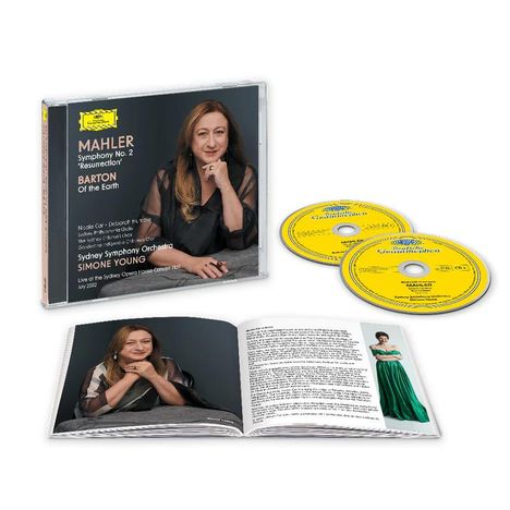 CD-Hülle mit "Mahler Symphony No. 2 'Resurrection'" Text, zwei CDs, Booklet mit Foto einer Frau in einem langen grünen Kleid.