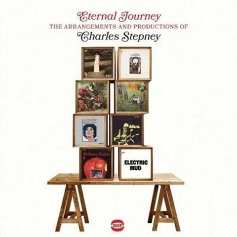 "Eternal Journey: The Arrangements and Productions of Charles Stepney" - Plattencover auf einem Holzrahmenstapel.