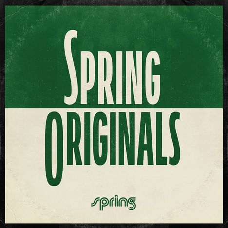 Text "SPRING ORIGINALS" in großen Buchstaben, darunter kleines Wort "spring"; grüne und weiße Farbflächen.