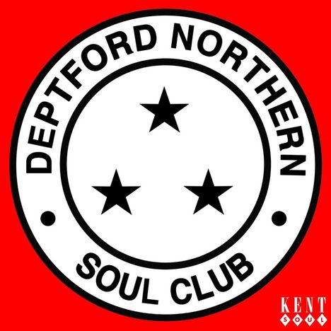 „DEPTFORD NORTHERN SOUL CLUB“. Kreis mit drei Sternen darin, roter Hintergrund. Logo.