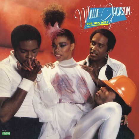Der Text "Millie Jackson For Men Only". Eine Frau in Weiß mit großem Haarknoten, umgeben von drei Männern, einer mit Bauhelm.