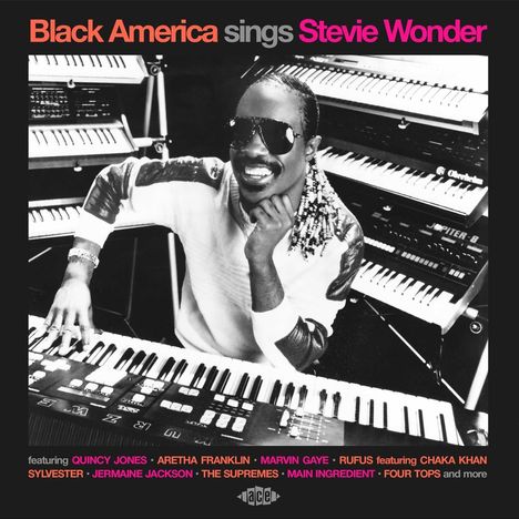 "Black America sings Stevie Wonder" in bunten Buchstaben. Jemand mit Brille lächelt und spielt Keyboard. Mehrere Keyboards im Hintergrund.