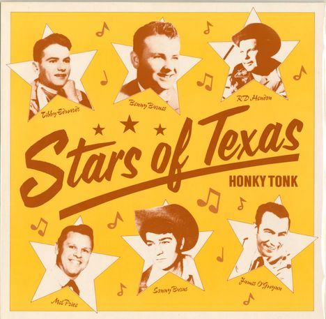 "Stars of Texas" und "Honky Tonk" in großer Schrift. Sechs Porträts von Männern in Sternen, umgeben von Musiknoten.