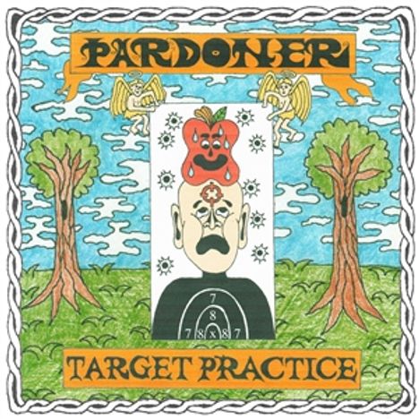 "PARDONER" und "TARGET PRACTICE" auf orangefarbenem Hintergrund. Illustration: Mann mit Zielscheibe auf seiner Brust. Engel und Bäume.