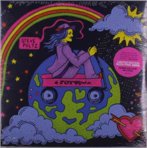 "STEVE POLTZ" und "JOY Ride" erscheinen neben einem Charakter im Auto auf Erde. Bunte Wolken, Regenbogen und Herz.