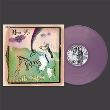 Text: Noah's Ark, Cocorosie. Illustration eines Einhorns, das auf ein Zebra kotzt unter einem regenbogenartigen Bogen. Lila Vinyl.