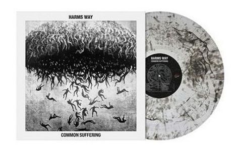 "Harms Way", "Common Suffering". Illustration von Menschen, die von einer dunklen Form fallen. Schallplatte daneben.