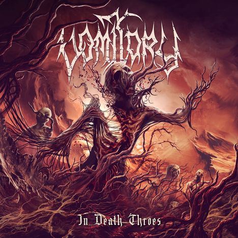 „Vomitory“ und „In Death Throes“. Eine düstere Illustration mit baumartigen, grotesken Gestalten in einer feurigen Umgebung.