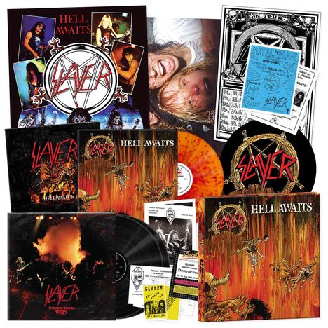 Collage von Slayer-Alben mit prominentem "Hell Awaits"-Text und Bandlogos. Enthält Schallplatten und Konzertdarstellungen.