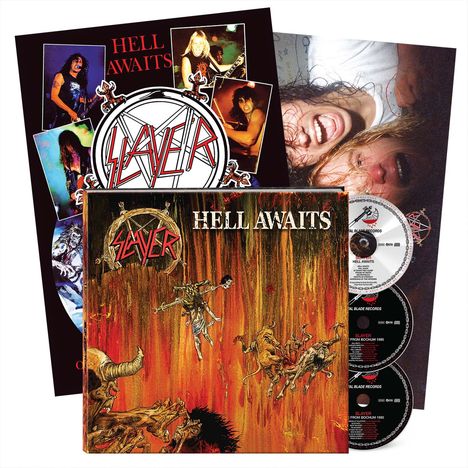 "HELL AWAITS" und "Slayer"-Logo auf Albumcover mit orange-rotem, höllischem Motiv und Bandfotos. Drei CDs daneben.