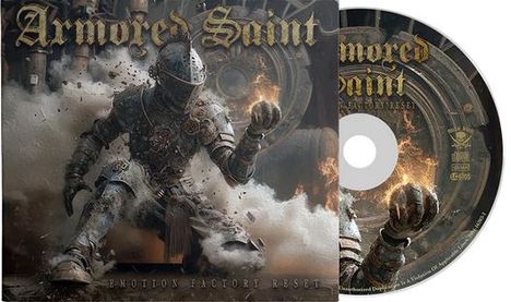 Text: "Armored Saint" und "Emotion Factory Reset". 

Beschreibung: Illustration eines Ritters mit Flammen, passend zu einem CD-Cover.
