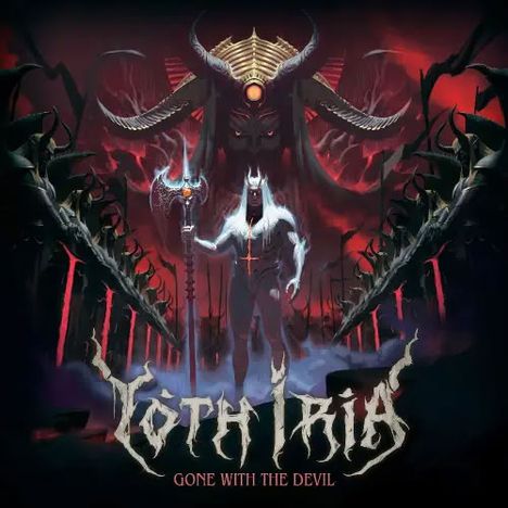 „Yoth Iria: Gone with the Devil“. Dunkle, dämonische Kreatur mit Speer, flankiert von Hörnern und Flammen.