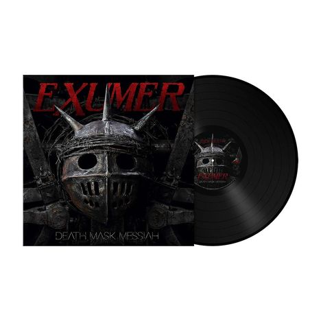 EXUMER, DEATH MASK MESSIAH. Schwarze Platte und metallische Maske mit Stacheln im Hintergrund.