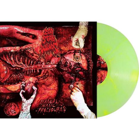 "Manual Manic Procedures" steht unten. Illustration einer Operation mit blutigen Details. Links ein grünlicher Vinyl.