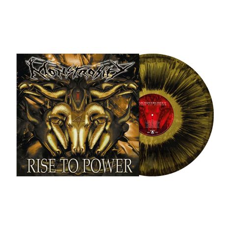 "Rise to Power" in goldener Schrift unten. Dämonische Ziegenköpfe, rot-schwarzes Vinyl-Design mit goldenen Akzenten.