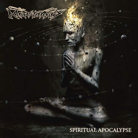 „SPIRITUAL APOCALYPSE“ unten. Eine mystische Figur im Lotussitz, umgeben von Planeten und Bahnen, mit leuchtendem Kopf.