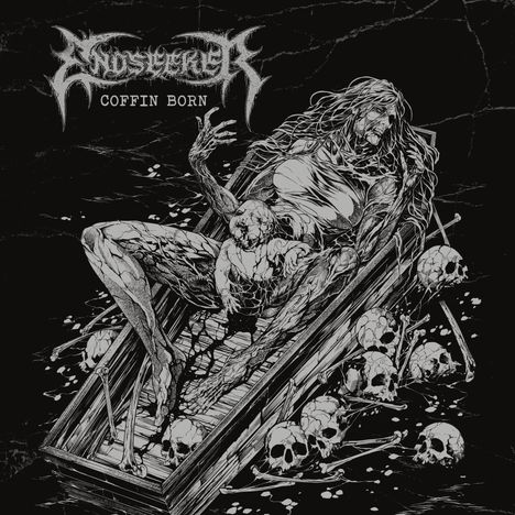 „Endseeker“, „Coffin Born“. Skelettgestalt in einem Sarg, umgeben von Totenschädeln und Knochen in schwarz-weiß.