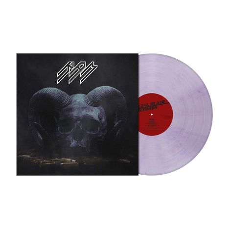 Logo mit stilisiertem Schriftzug oben, Totenkopf mit Widderhörnern auf schwarzem Hintergrund, lila Vinyl.