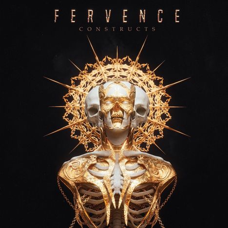 "FERVENCE CONSTRUCTS". Eine goldene, skelettartige Figur mit verzierten Details und einem strahlenden, ornamentalen Heiligenschein.