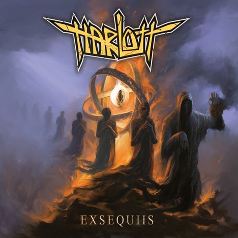 "EXSEQUIIS". Oben gelbes Logo, dunkle Gestalten vor Flammen, mystische Atmosphäre.