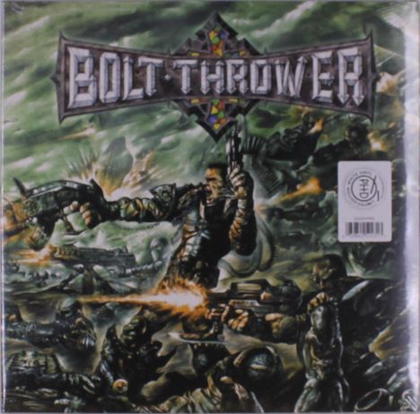 Text: "Bolt Thrower". Illustration zeigt Soldaten im Kampfeinsatz mit Waffen, Explosionen und einem dramatischen Himmel.