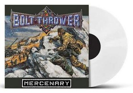Oben: "Bolt Thrower" in Metallschrift. Unten: "Mercenary". Gemälde von Soldaten in einer Schneelandschaft. Schallplatte sichtbar.