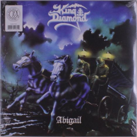 "King Diamond: Abigail." Illustration: Zwei Pferde ziehen eine Kutsche, Fahrer in altertümlicher Kleidung, düstere Atmosphäre.
