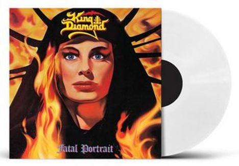 "King Diamond" und "Fatal Portrait" auf einem Albumcover. Eine Frau mit blauen Augen und flammendem Hintergrund.