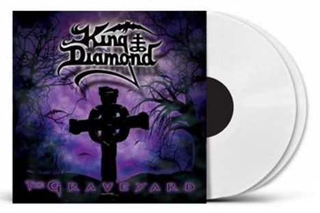 Text: "King Diamond, The Graveyard".  
Illustration: Kreuze auf einem nebligen, violetten Hintergrund, zwei weiße Vinyl-Schallplatten.