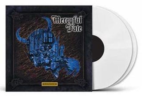 "Mercyful Fate" steht oben in gotischer Schrift; Illustration mit dunklem, komplexem Design, zwei weiße Vinylplatten.