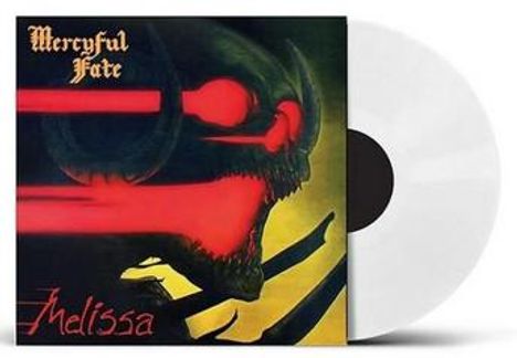 "Mercyful Fate", "Melissa". Illustration: Schädel in Rot und Schwarz, gelber Hintergrund. Weiße Schallplatte rechts.