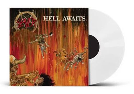 "HELL AWAITS" in großen Buchstaben. Eine Illustration mit dämonischen Kreaturen und flammendem Hintergrund. Weiße Schallplatte.