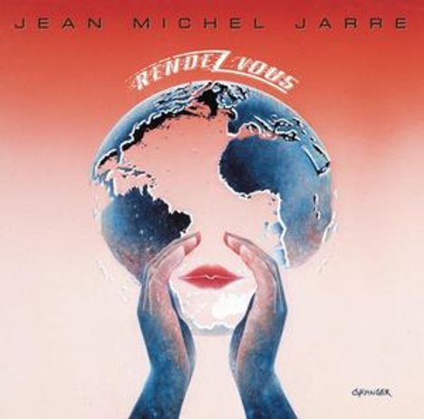 "JEAN MICHEL JARRE RENDEZ-VOUS" oben; stilisierte Erde als Gesicht mit roten Lippen und Händen davor.