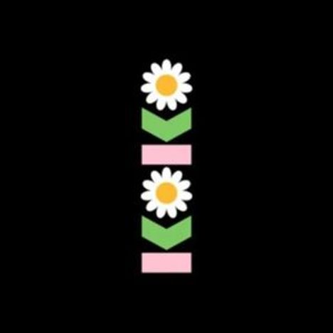 Keine Texte erkennbar. Zwei stilisierte Gänseblümchen übereinander mit grünen Blättern und rosa Balken auf schwarzem Hintergrund.