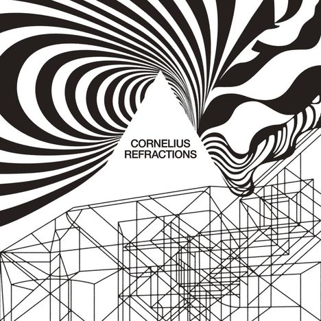Der Text "CORNELIUS REFRACTIONS" steht in einem Dreieck. Gewellte Linien und geometrische Strukturen dominieren die Illustration.