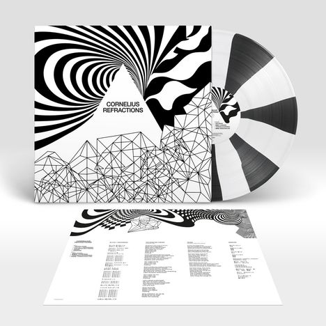 Text: "Cornelius Refractions". Schwarz-weiße, geometrische Muster mit spiralförmigem Design und Schallplatte.