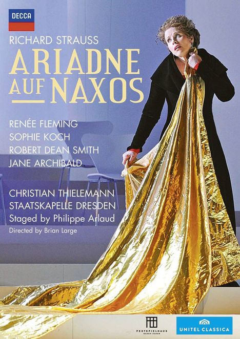 RICHARD STRAUSS ARIADNE AUF NAXOS. Renée Fleming steht mit einem goldenen Tuch auf einer Bühne.