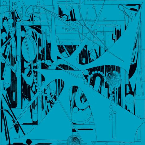 Abstrakte Illustration mit ineinander verschlungenen geometrischen Formen und Linien auf einem blauen Hintergrund.