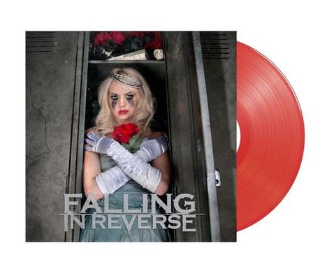 Text: "FALLING IN REVERSE". Eine Frau mit Krone hält eine rote Rose vor einem Spind. Daneben eine rote Schallplatte.