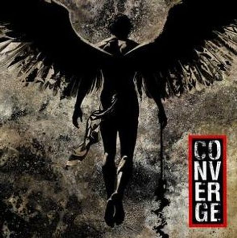 Text: „CONVERGE“ in weißen Buchstaben auf rotem Hintergrund. Silhouette eines Engels mit ausgebreiteten Flügeln im Vordergrund.