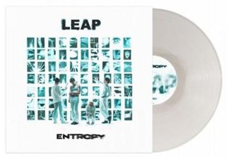 Aufschrift: "LEAP", "ENTROPY". 
Collage aus blauen Bildern und vier Personen. Eine Schallplatte ist teils sichtbar.